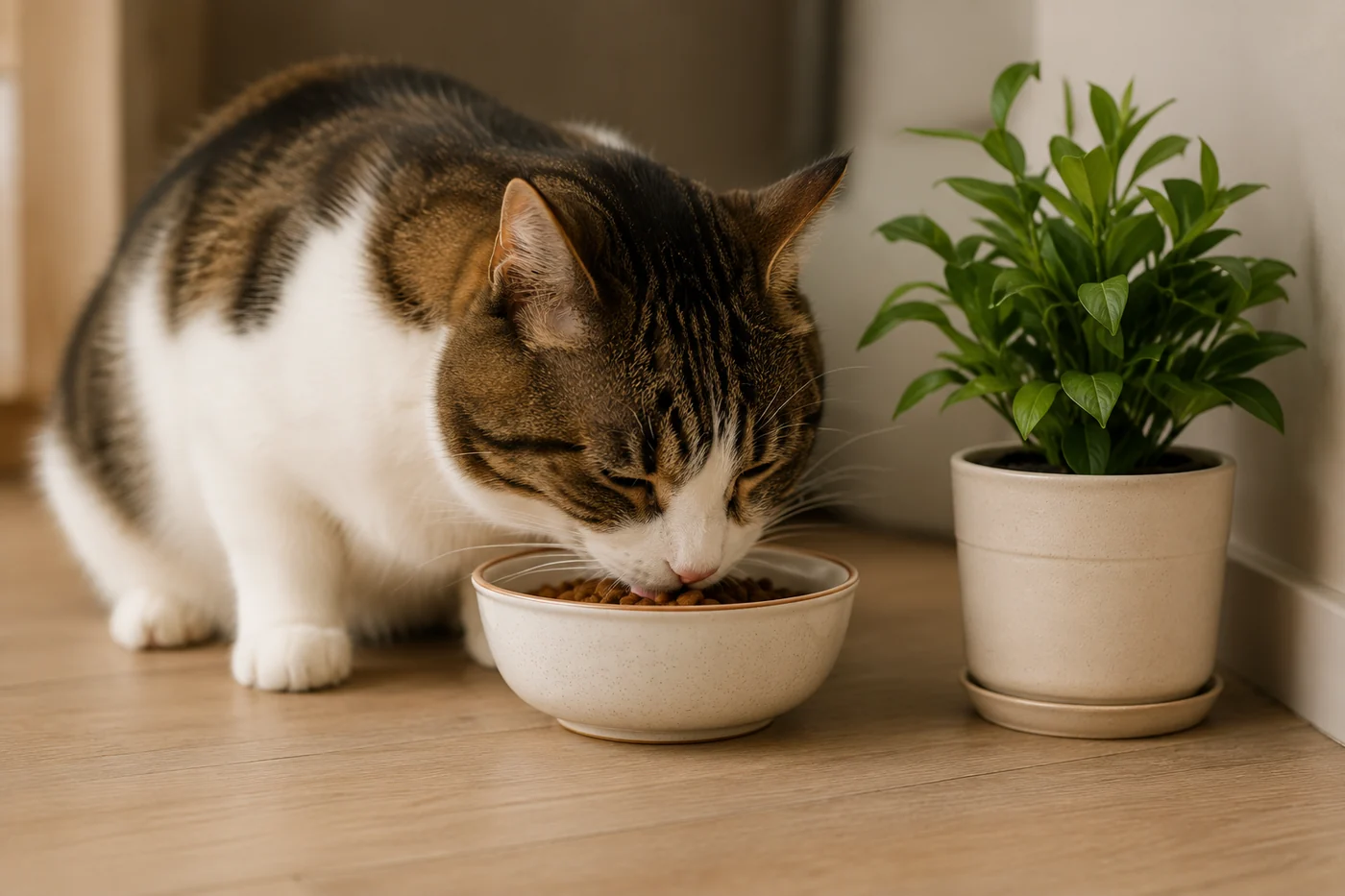 Cat eating next to a houseplant