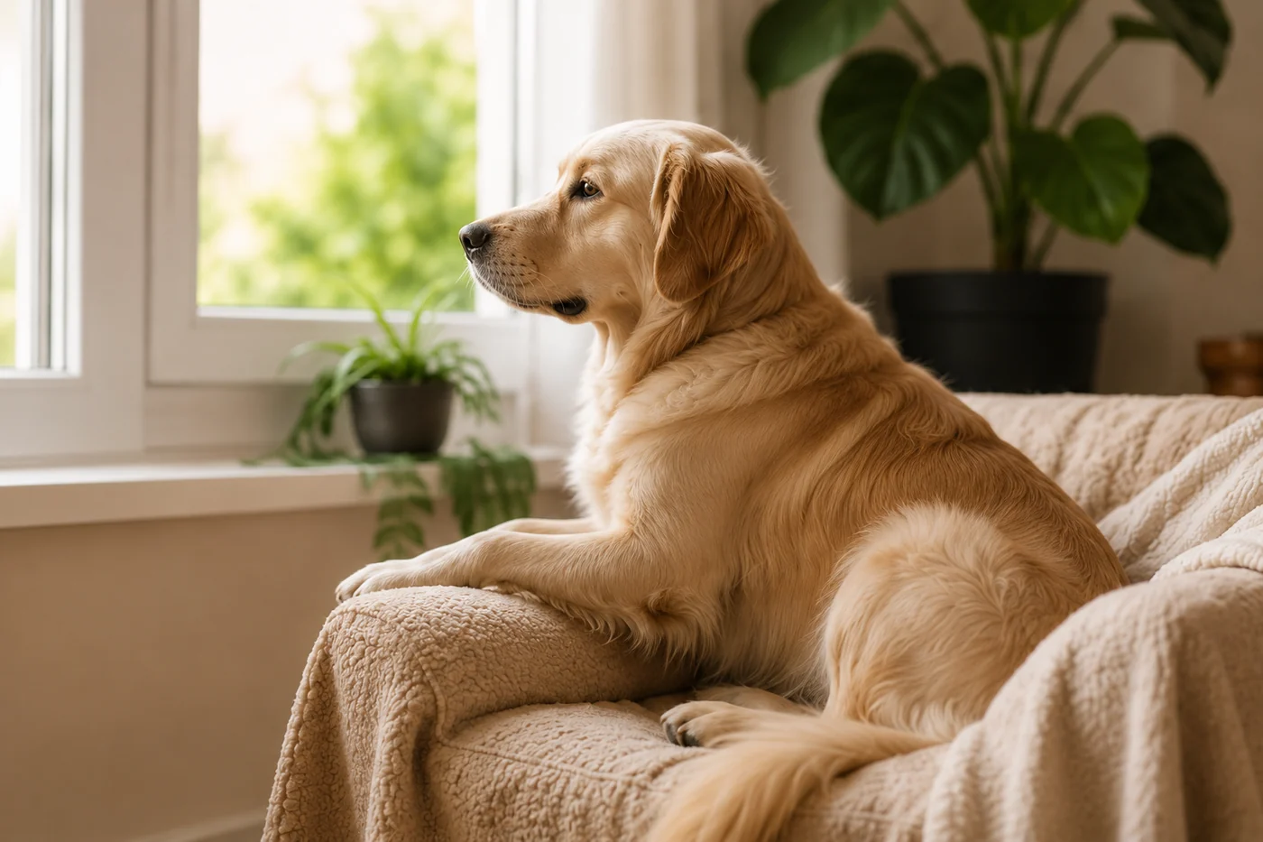 Dog in a bright living room next to plants